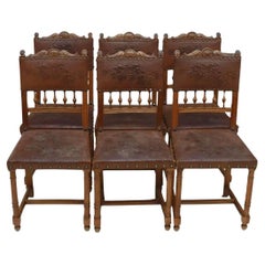 Ensemble de 6 chaises de salle à manger en noyer, style Henri II, des années 1800, en cuir ancien