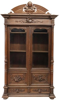 1800's Antique Library, French, Carved Oak, Glazed Doors Bookcase!