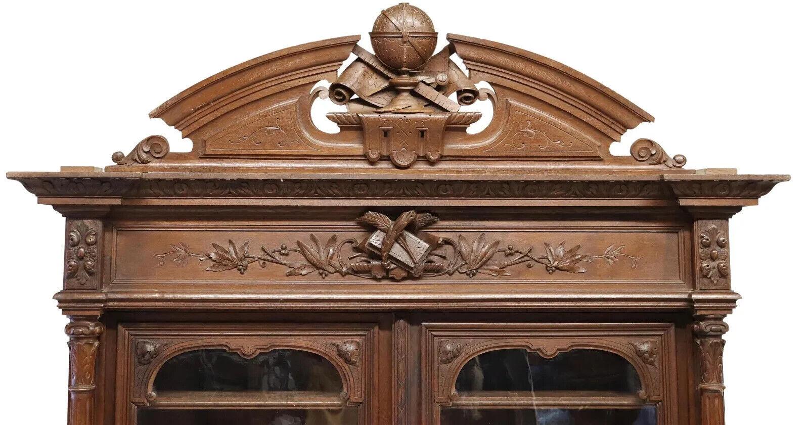 Renaissance Revival 1800's Antique Library, French, Carved Oak, Glazed Doors Bookcase! For Sale