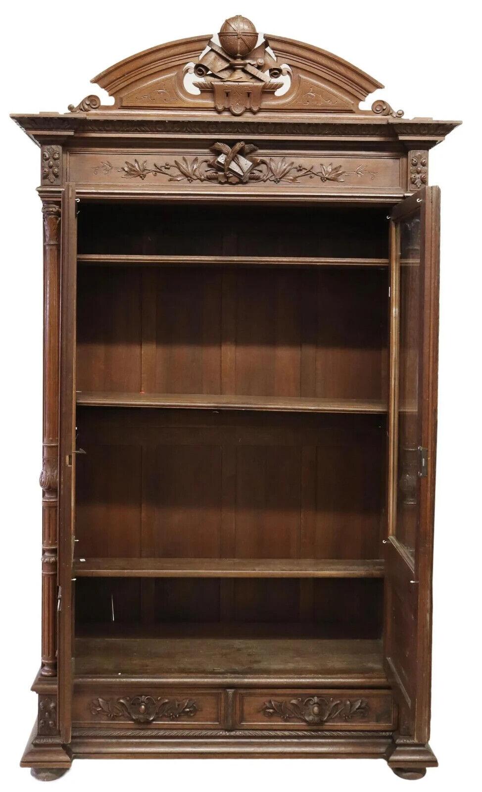 Italian 1800's Antique Library, French, Carved Oak, Glazed Doors Bookcase! For Sale