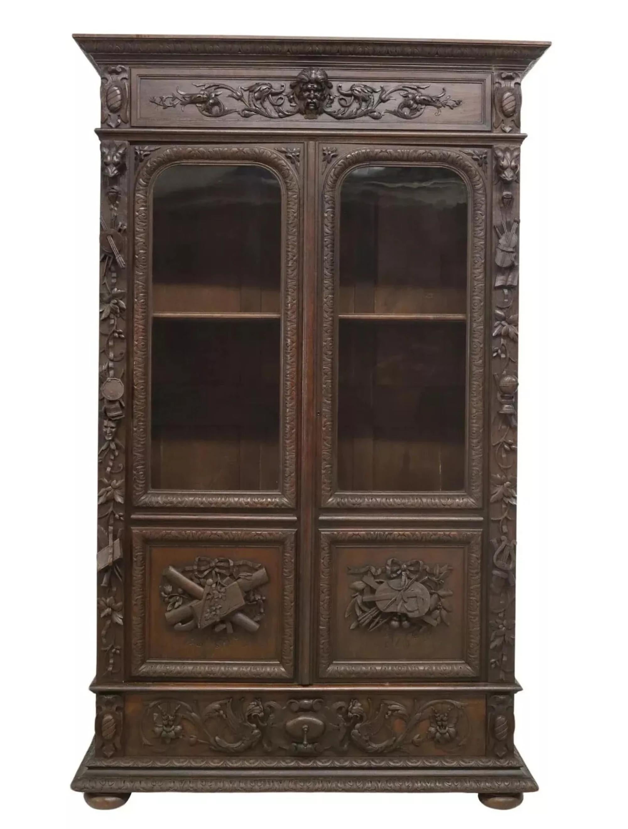 1800's Antique Library, French Renaissance Revival, geschnitzte Eiche Bücherregal! (Eichenholz) im Angebot