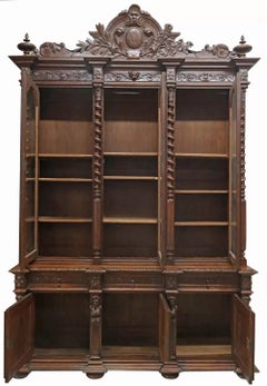 1800's Antique Library, Monumental, French Carved Oak, Twists, Columns, Bookcase