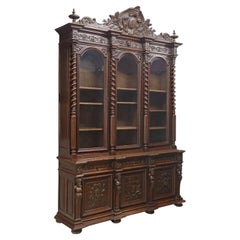 1800's Antique Library, Monumental, French Carved Oak, Twists, Columns, Bookcase