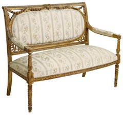 1800s Antique Louis XVI Style, Floral Upholstered, Gilt, Crest, Molded Sofa!!