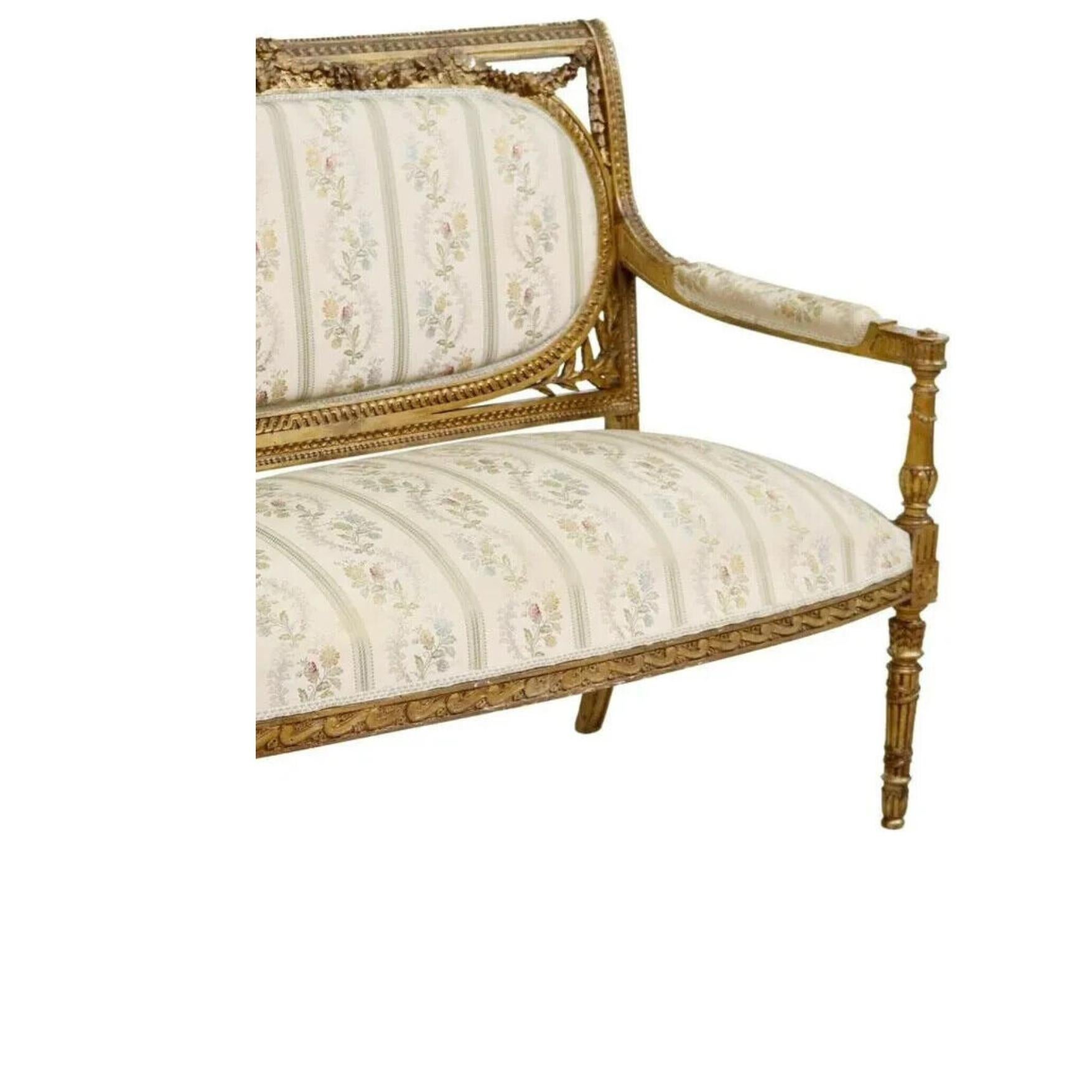 19th Century 1800s Antique Louis XVI Style, Floral Upholstered, Gilt, Crest, Molded Sofa!!