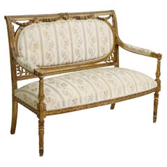 1800s Antique Louis XVI Style, Floral Upholstered, Gilt, Crest, Molded Sofa!!