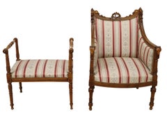 1800's Antique  Louis XVI Style, Upholstered, Walnut, Bergere & Stool, Set of 2!