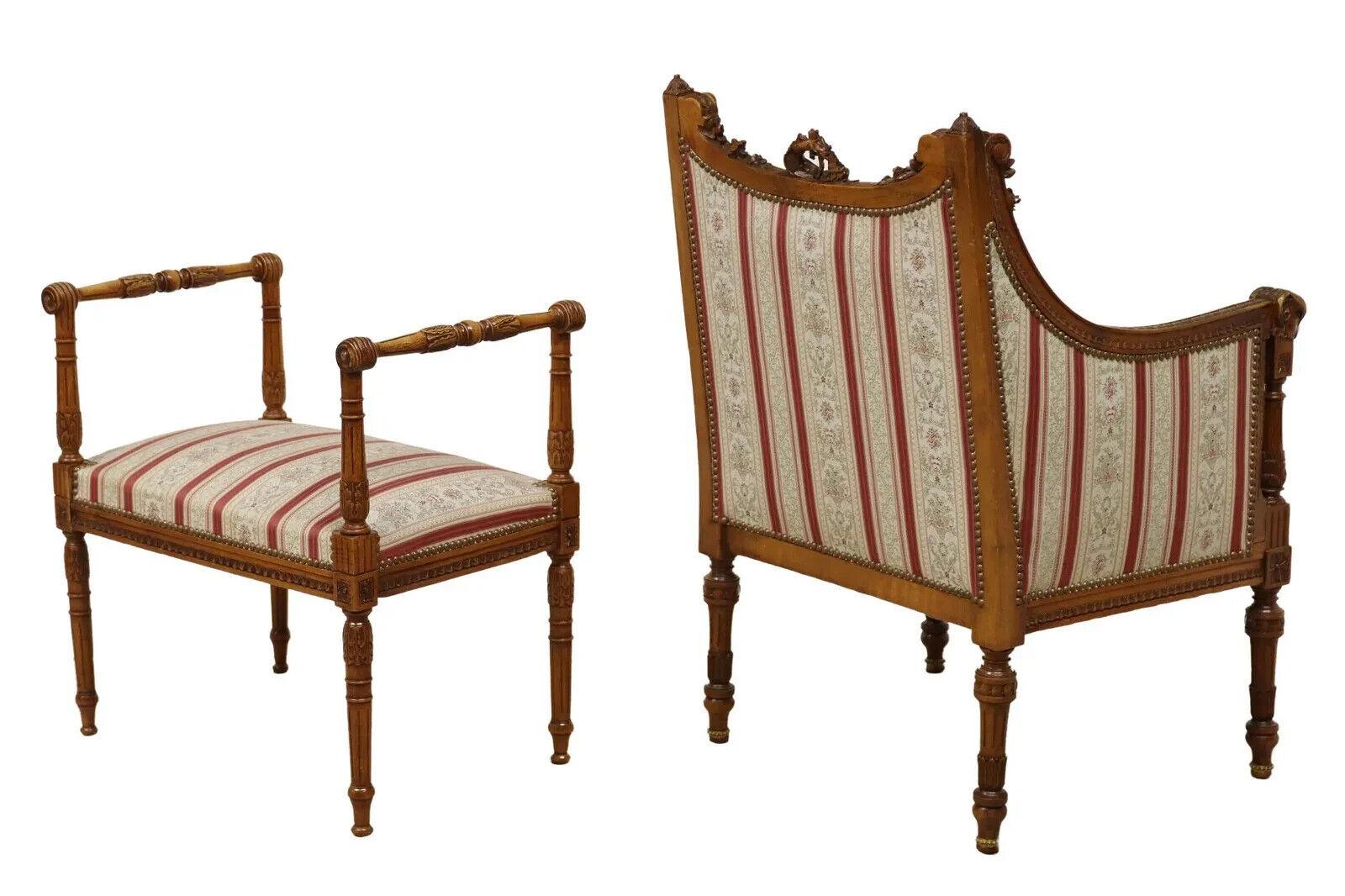 1800er Antiquität  Louis XVI.-Stil, gepolstert, Nussbaum, Bergere und Hocker, 2er-Set! (Französisch) im Angebot