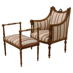 1800's Antique  Louis XVI Style, Upholstered, Walnut, Nailhead, Bergere & Stool!