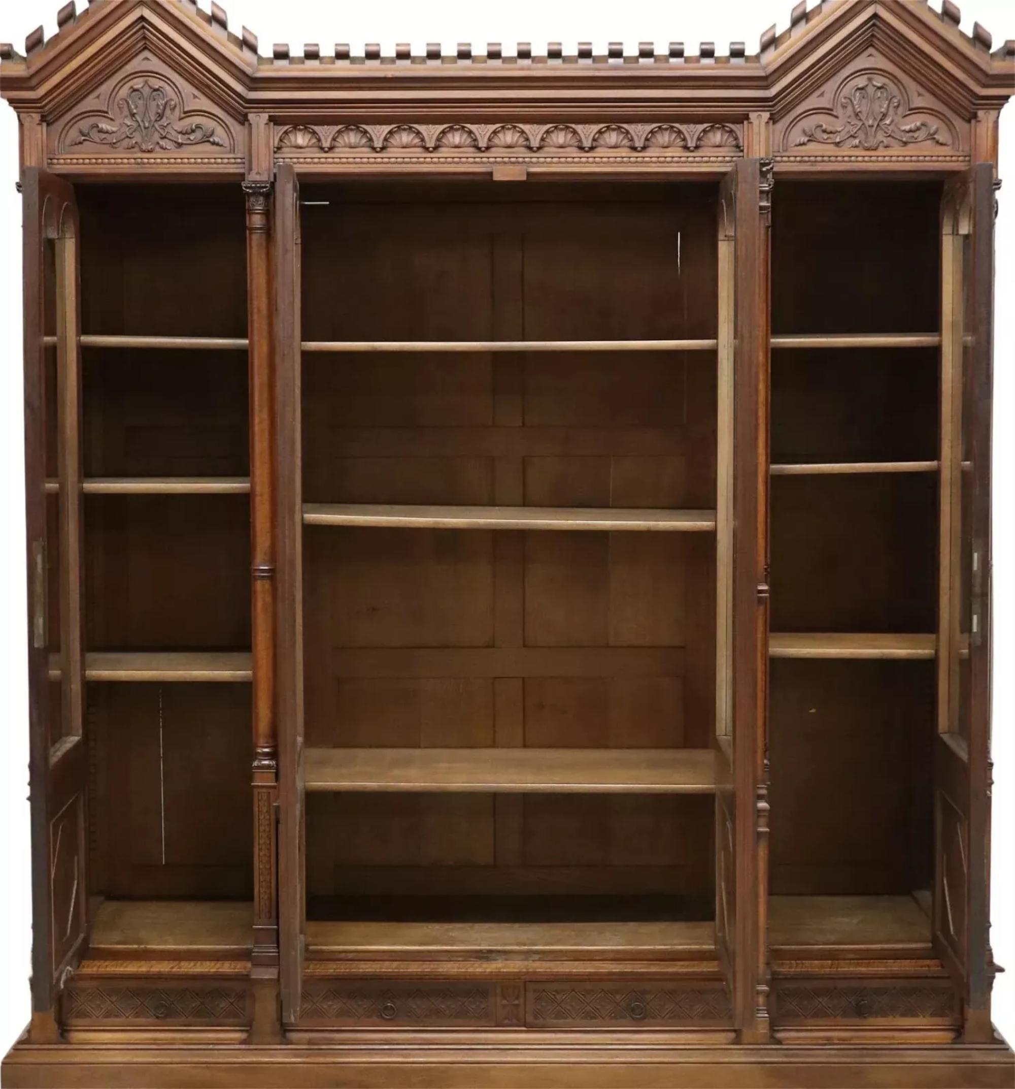 Hand-Carved 1800s  Antique Monumental French, Gothic Revival, Display Carved Bookcase!