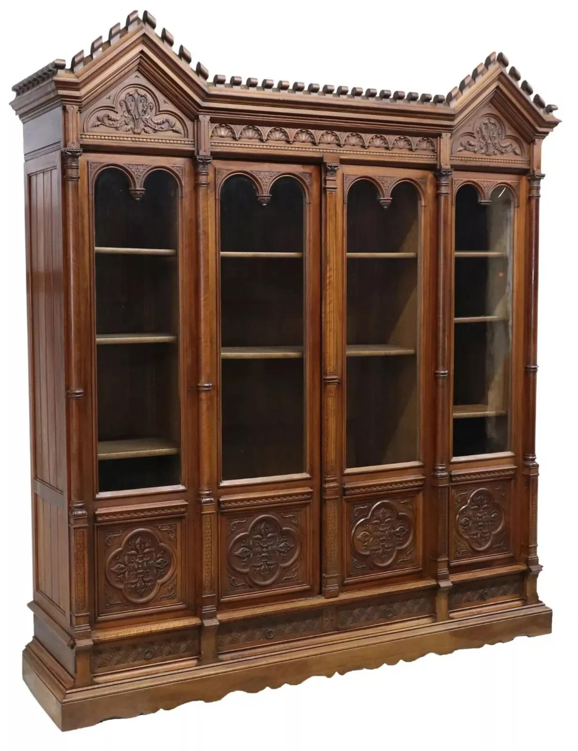 19th Century 1800s  Antique Monumental French, Gothic Revival, Display Carved Bookcase!