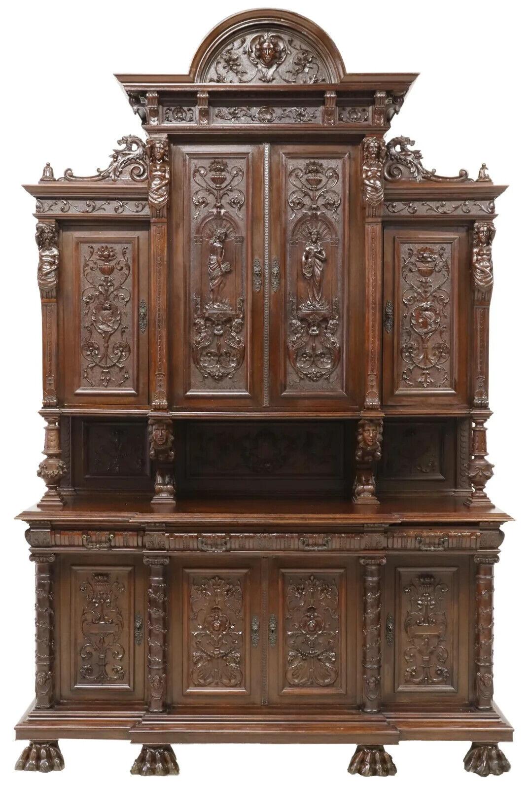 Gorgeous Antique Sideboard, Monumental, Italian Renaissance Revival, Carved, 1800s, 19th Century!! 

Italian Renaissance Revival carved walnut sideboard, late 19th c., rounded pediment with projecting mask, four upper cabinet doors framed by figural