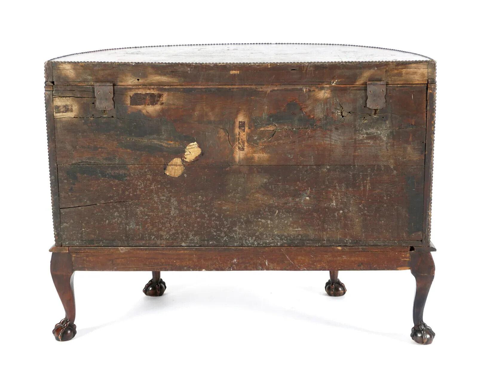 1800s Antique Paint Decorated Scenes, Clad Leather, Brass Hand Demilune Chest! For Sale 4
