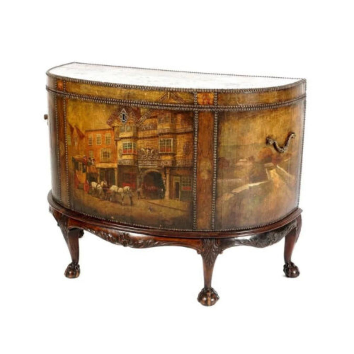 Gorgeous Antique Demilune chest, paint decorated scenes, Clad Leather, Brass Hand., 1800s, 19th Century!

Demilune chest clad in paint decorated clad leather, hinged lid top with interior genre scene, front city street scene, sides with landscapes,