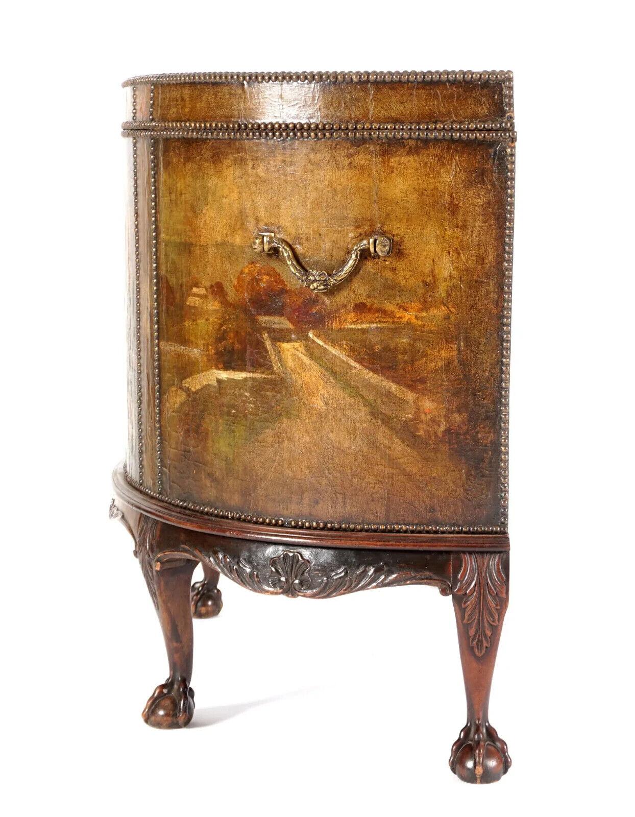 Other 1800s Antique Paint Decorated Scenes, Clad Leather, Brass Hand Demilune Chest! For Sale