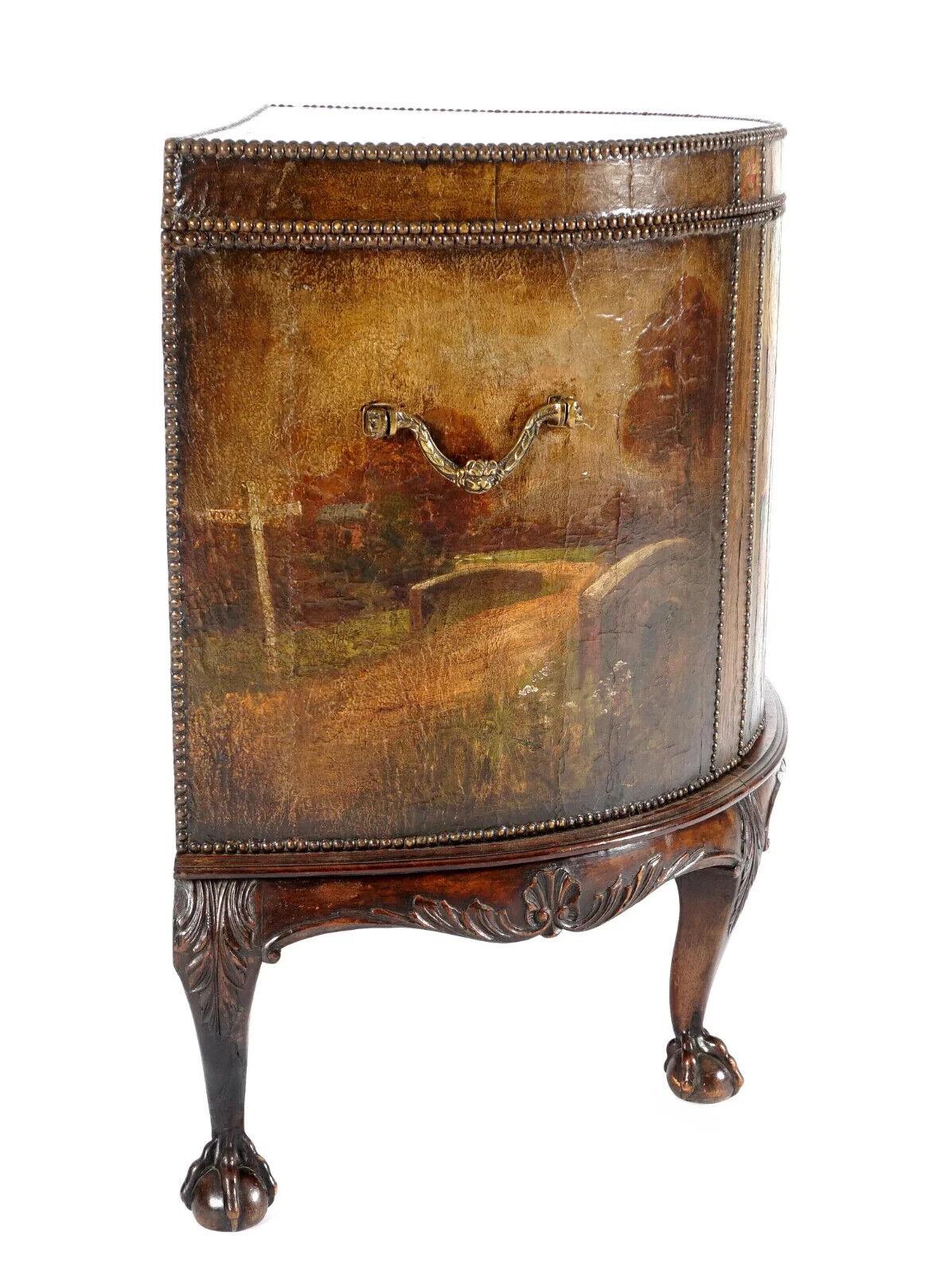 1800s Antique Paint Decorated Scenes, Clad Leather, Brass Hand Demilune Chest! In Good Condition For Sale In Austin, TX