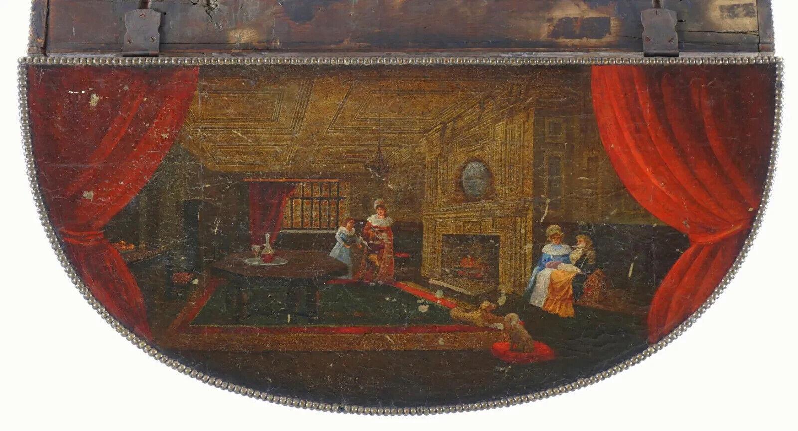Laiton Antiquités 1800 Scènes décorées à la peinture, cuir gainé, laiton Coffre à démilune à la main ! en vente