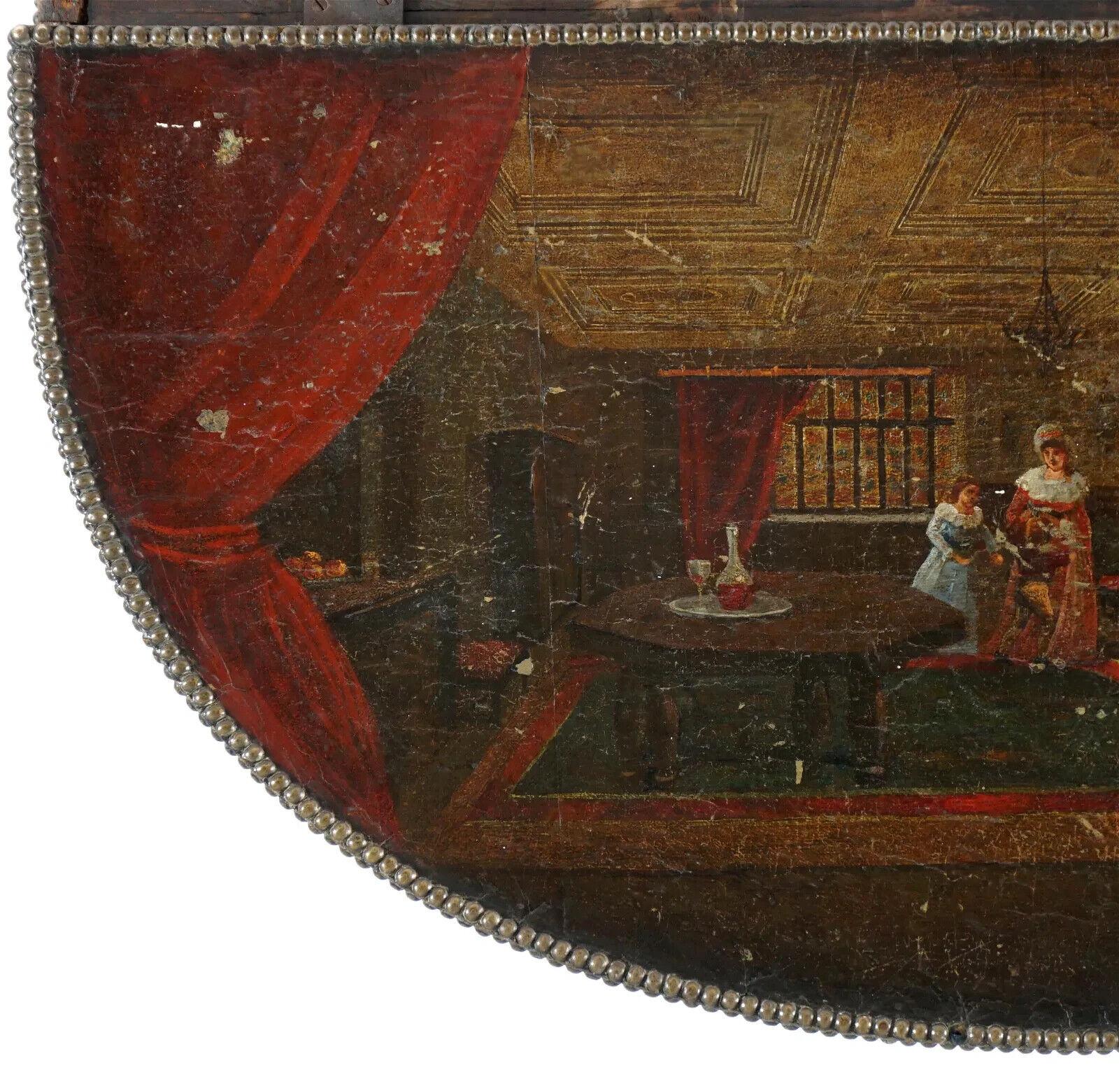 1800s Antique Paint Decorated Scenes, Clad Leather, Brass Hand Demilune Chest! For Sale 2