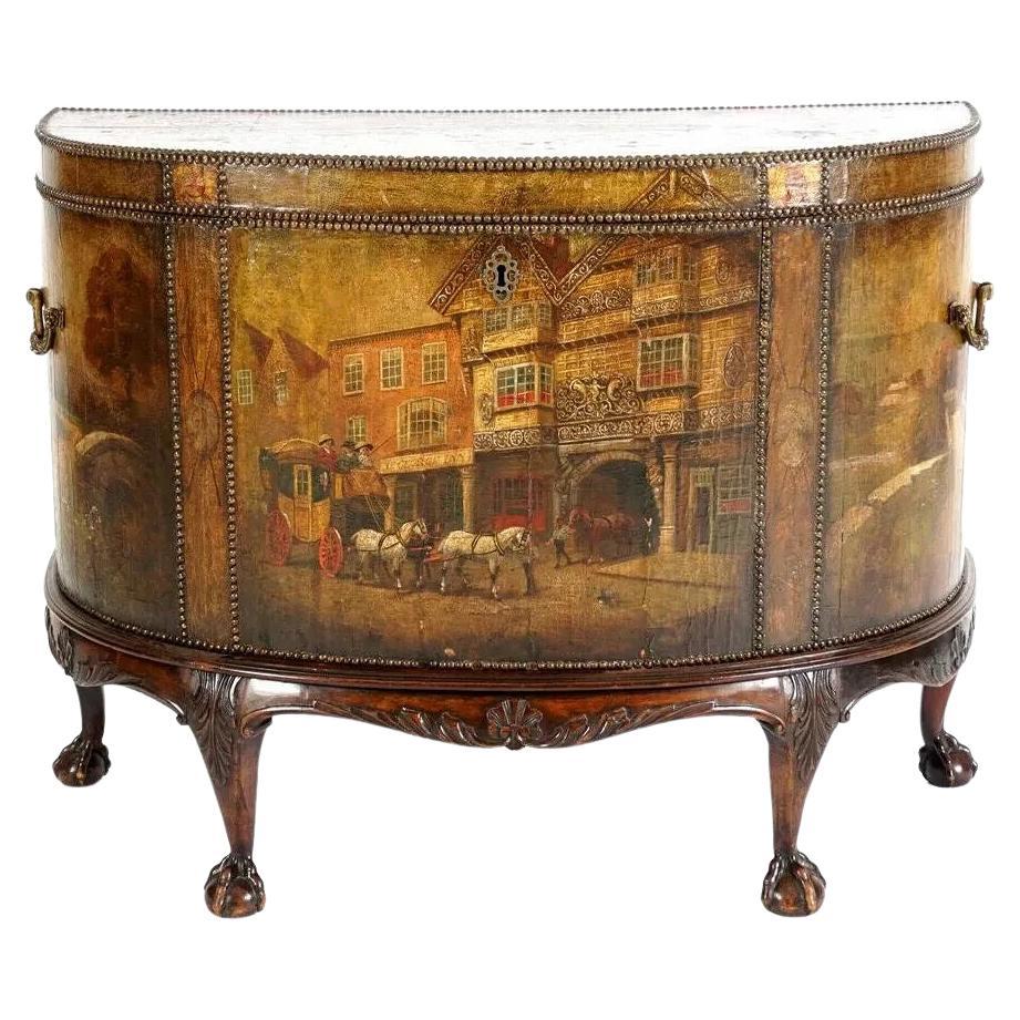 1800s Antique Paint Decorated Scenes, Clad Leather, Brass Hand Demilune Chest! For Sale