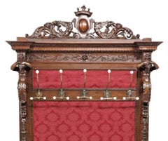 1800's Antique Renaiss Revival, Carved Walnut, Damas-Upholstered, Red, Hall Tree
