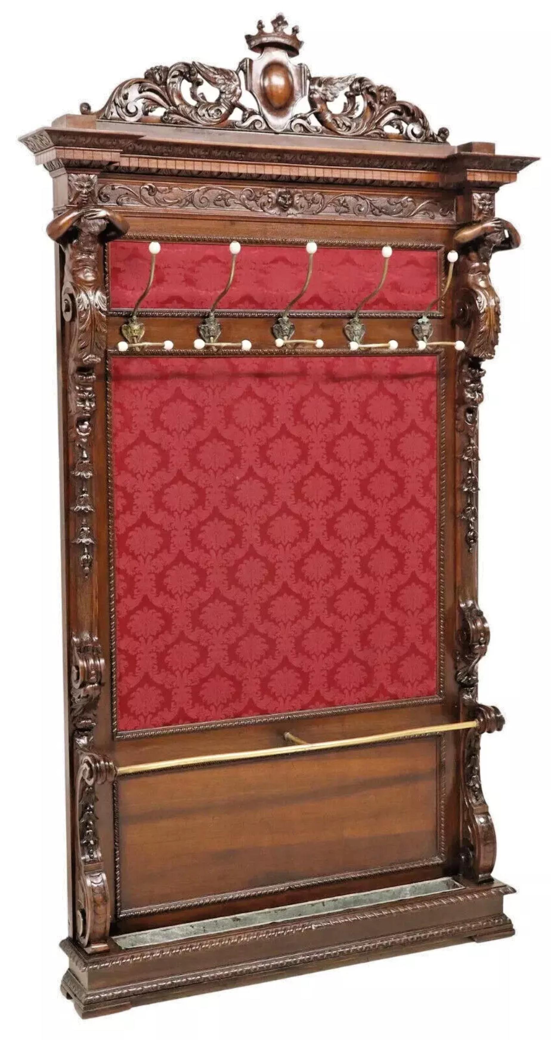 Italian 1800's Antique Renaiss Revival, Carved Walnut, Damas-Upholstered, Red, Hall Tree For Sale