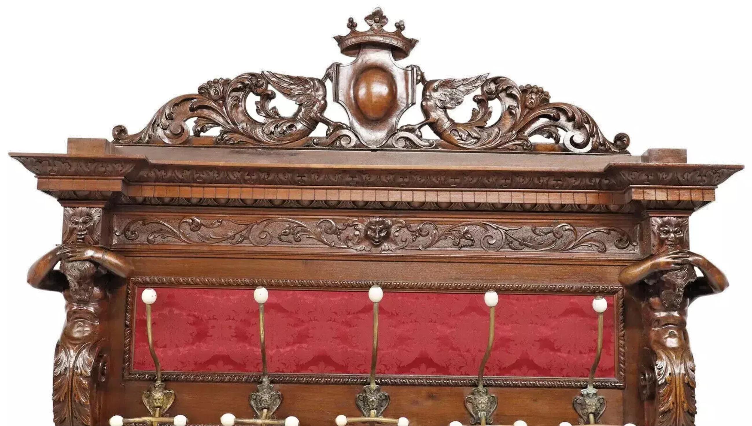 1800's Antique Renaiss Revival, Carved Walnut, Damas-Upholstered, Red, Hall Tree In Good Condition For Sale In Austin, TX