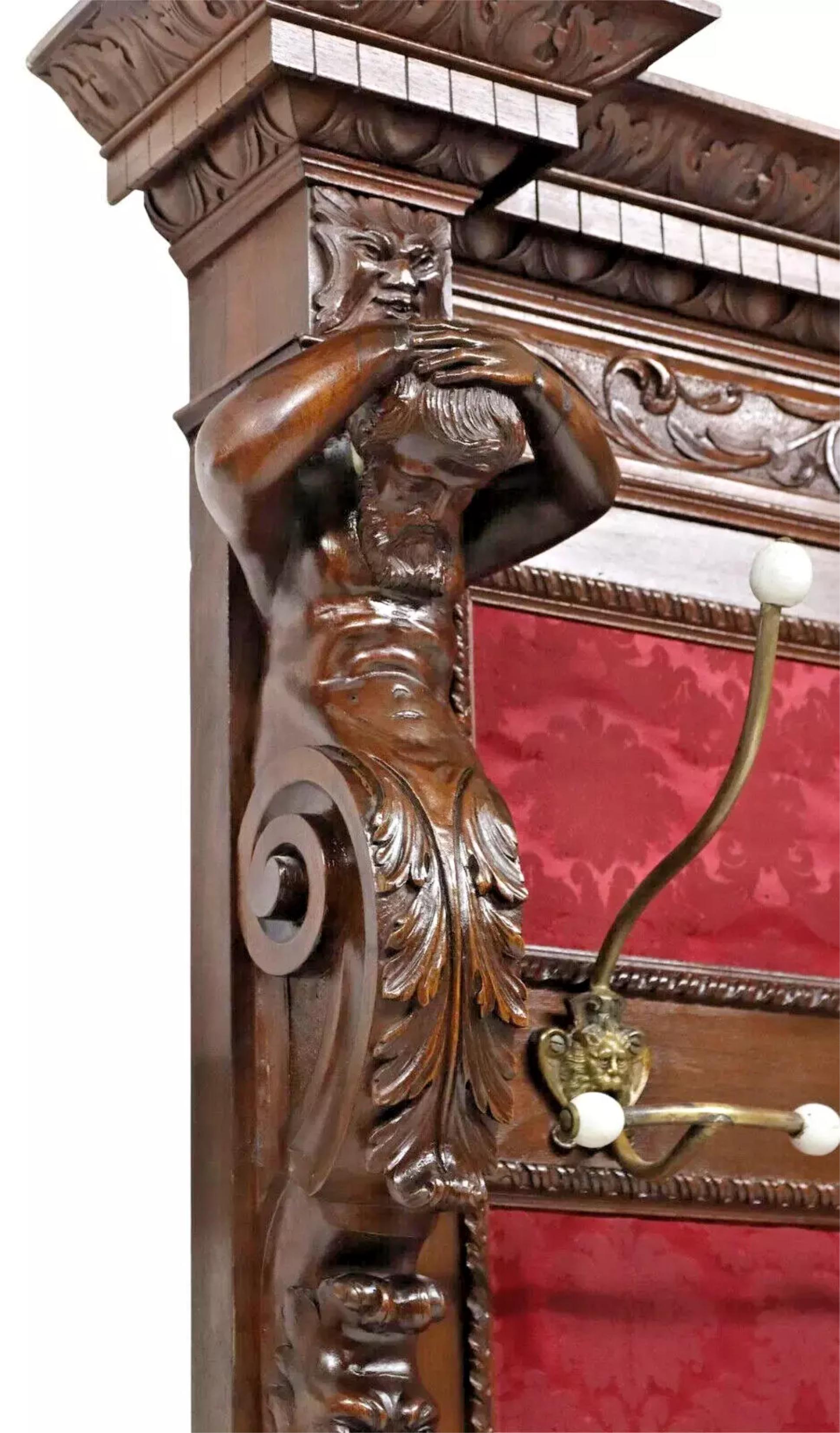 19th Century 1800's Antique Renaiss Revival, Carved Walnut, Damas-Upholstered, Red, Hall Tree For Sale