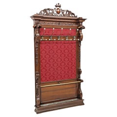 1800's Antique Renaiss Revival, Carved Walnut, Damas-Upholstered, Red, Hall Tree