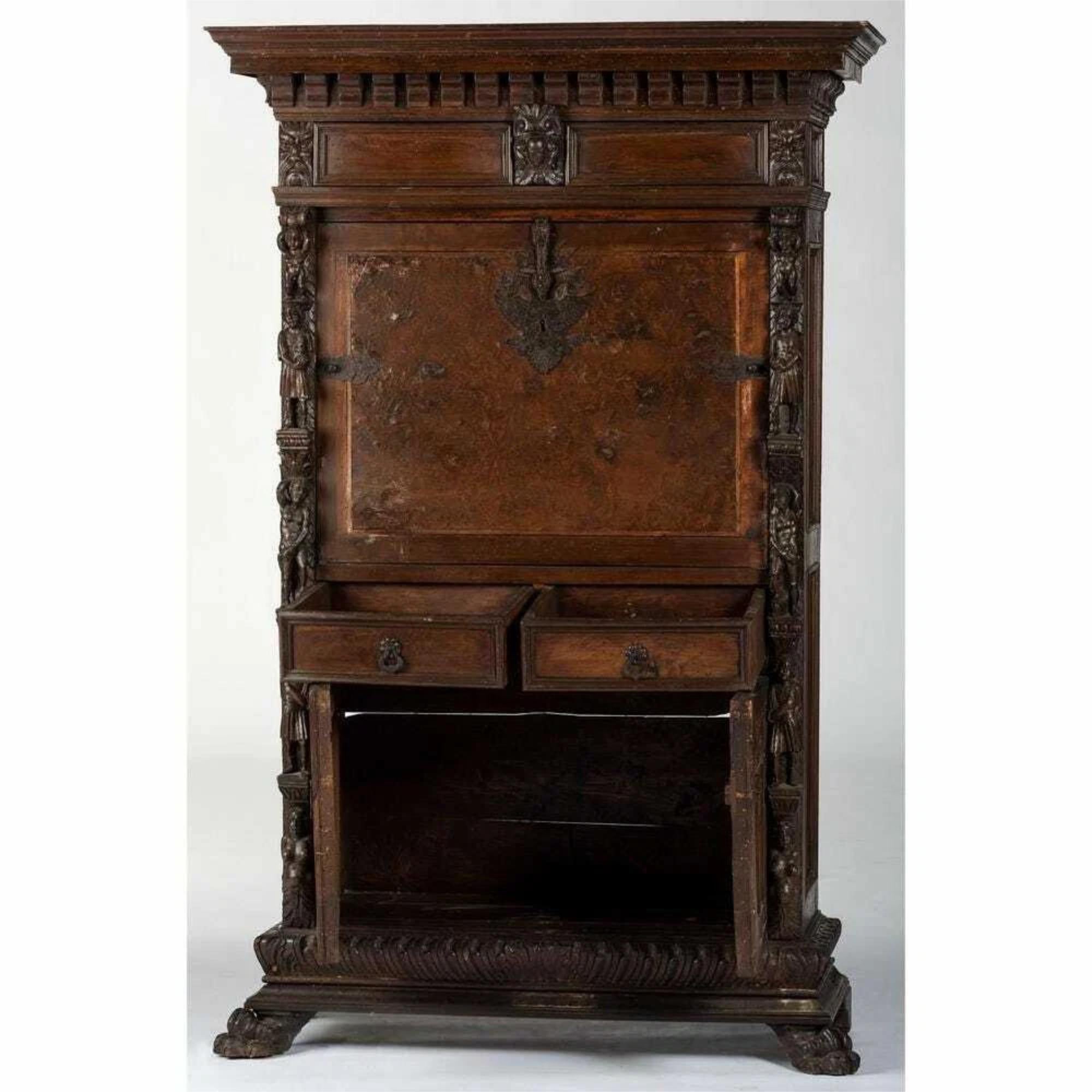 European 1800s Antique Renaissance Revival, Burl Veneer Bambocci Cabinet, Secretary!! For Sale