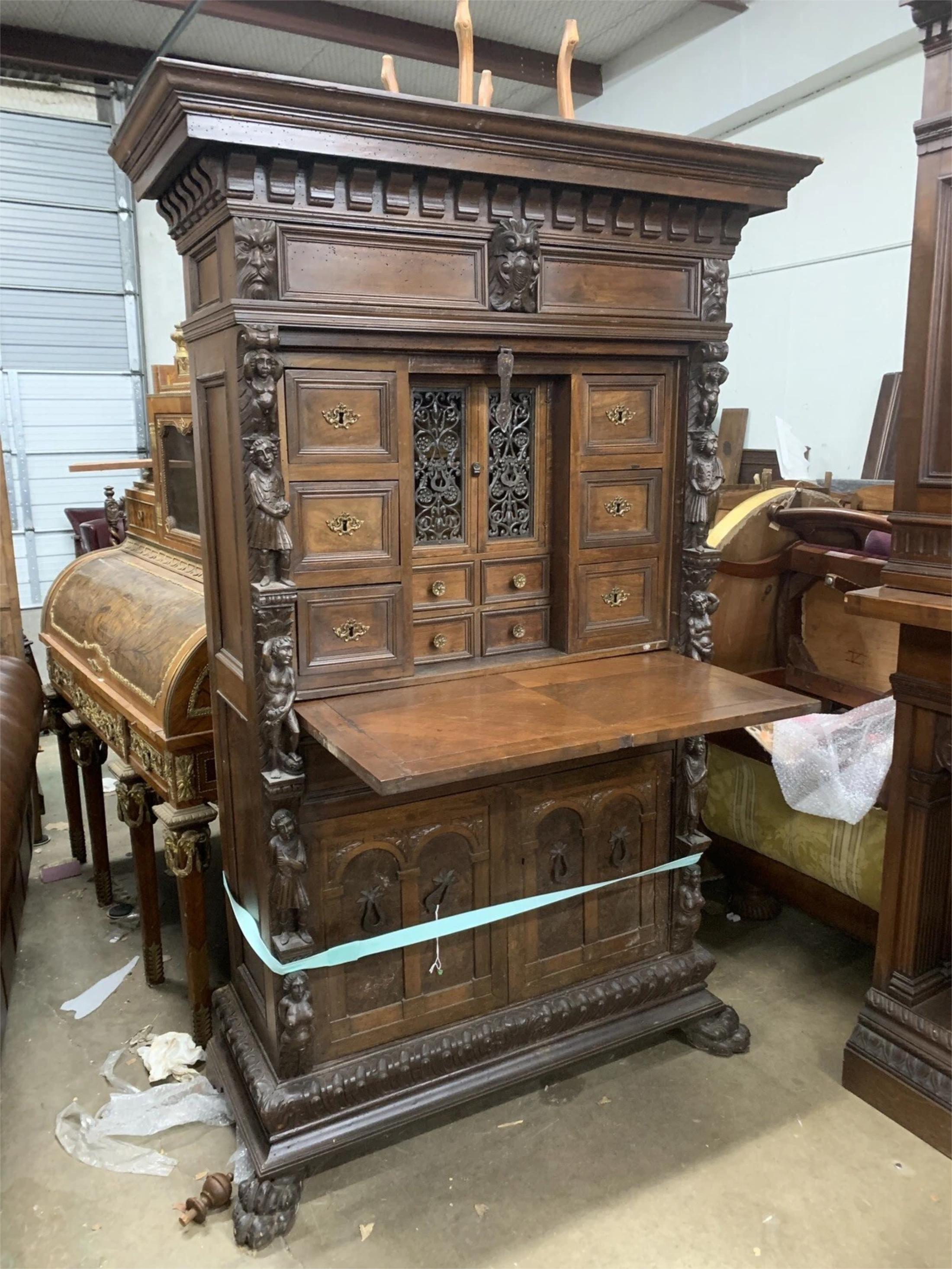 19th Century 1800s Antique Renaissance Revival, Burl Veneer Bambocci Cabinet, Secretary!! For Sale