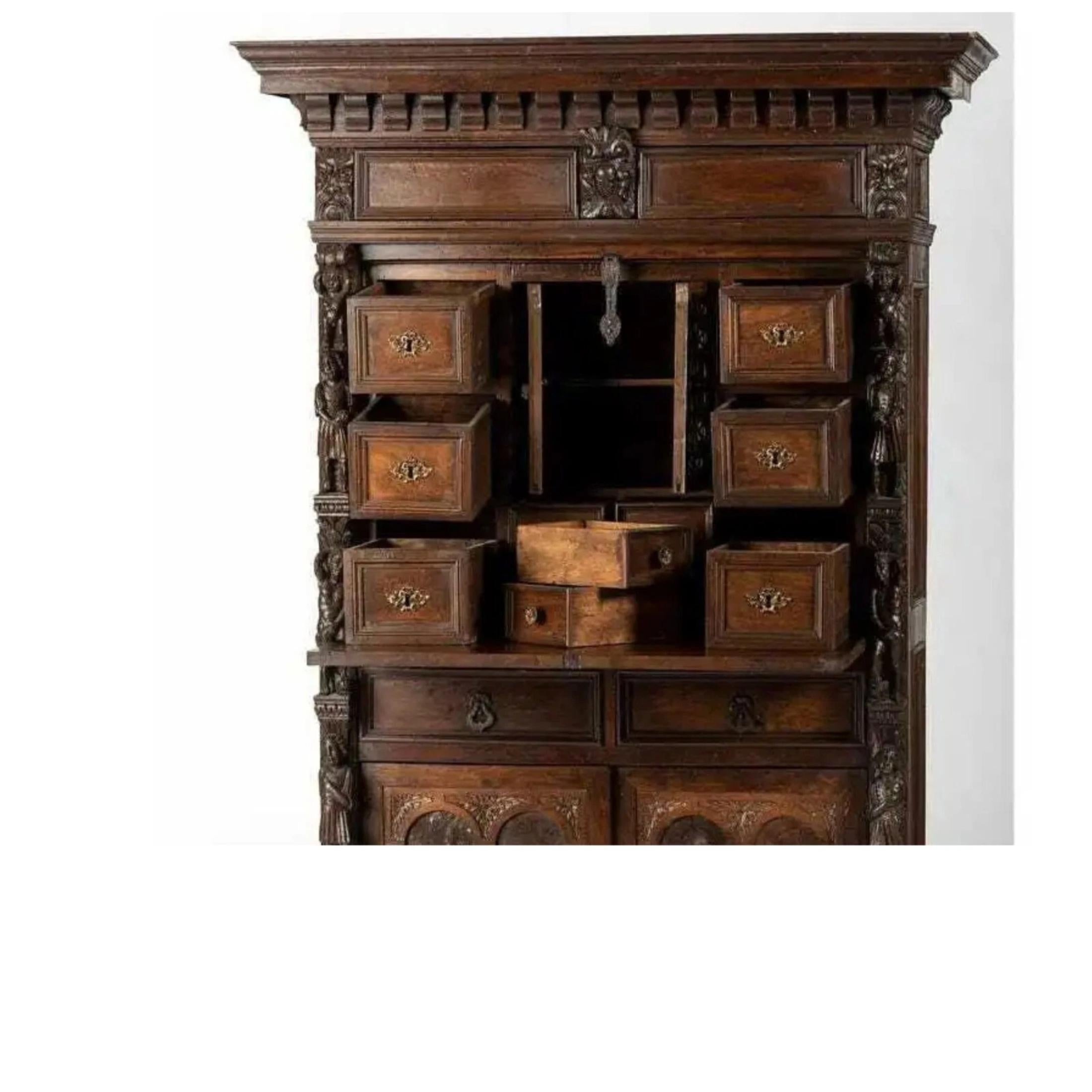 Wood 1800s Antique Renaissance Revival, Burl Veneer Bambocci Cabinet, Secretary!! For Sale