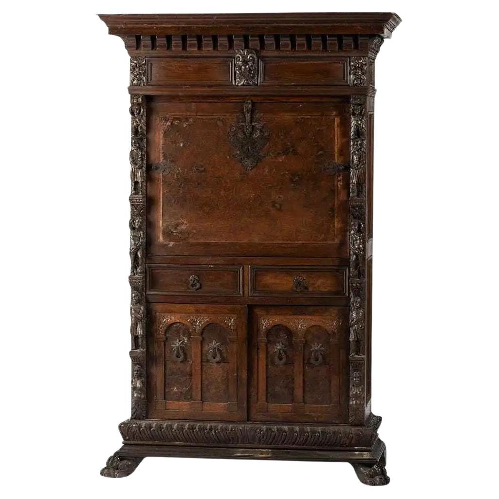 Antique Revival renaissance de 1800 Cabinet Bambocci en placage de loupe / Secrétaire ! en vente