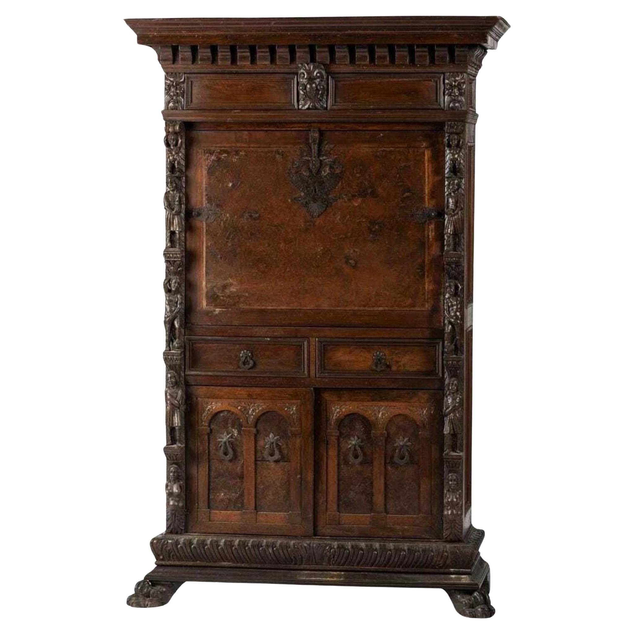 1800s Antique Renaissance Revival, Burl Veneer Bambocci Cabinet, Secretary!! For Sale