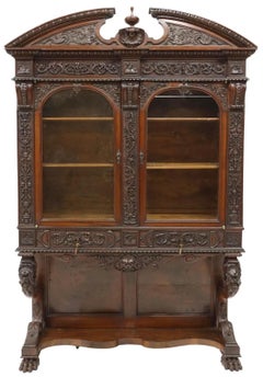 1800s Antique Renaissance Revival, Carved Display Cabinet / Vitrine