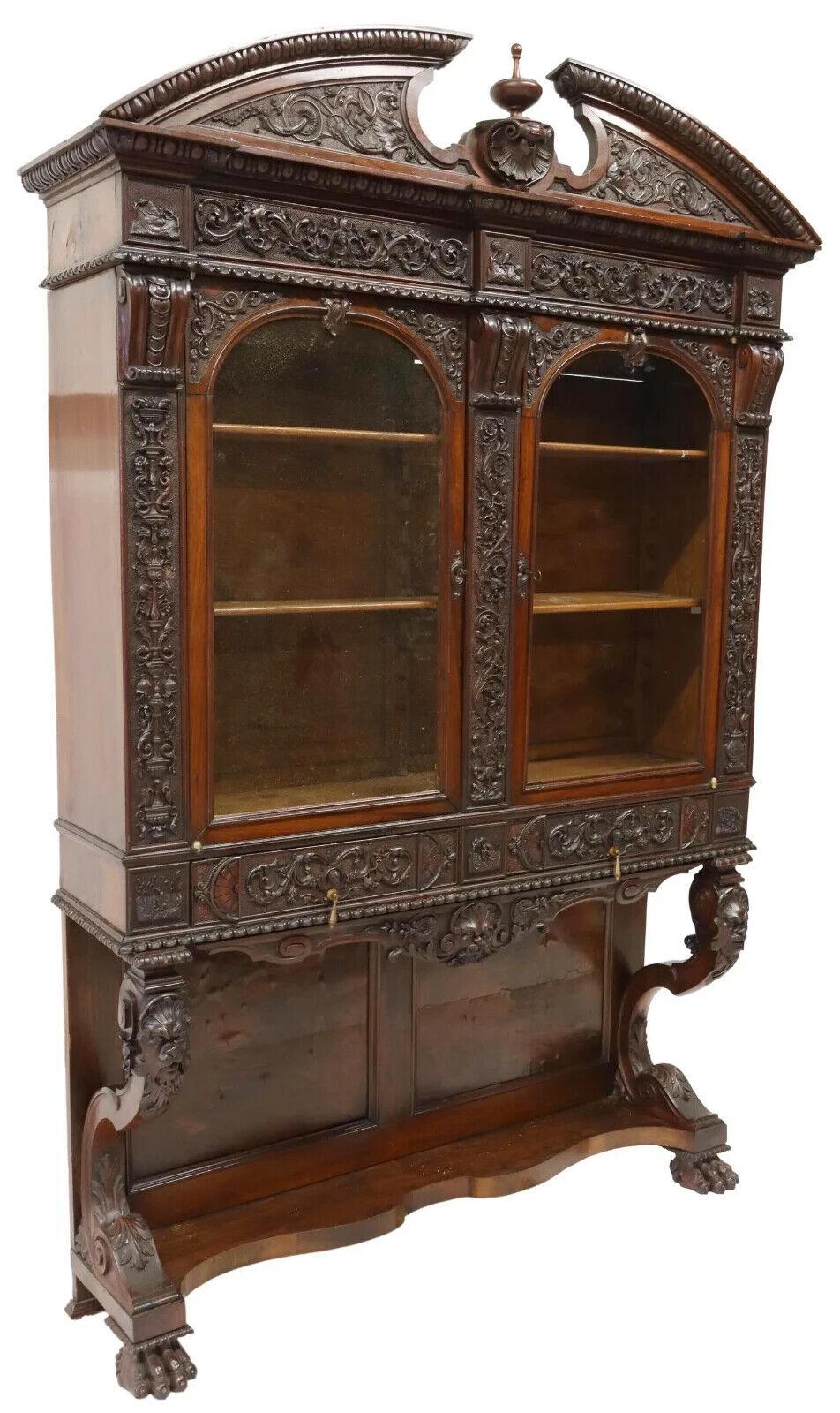 European 1800s Antique Renaissance Revival, Carved Display Cabinet / Vitrine For Sale