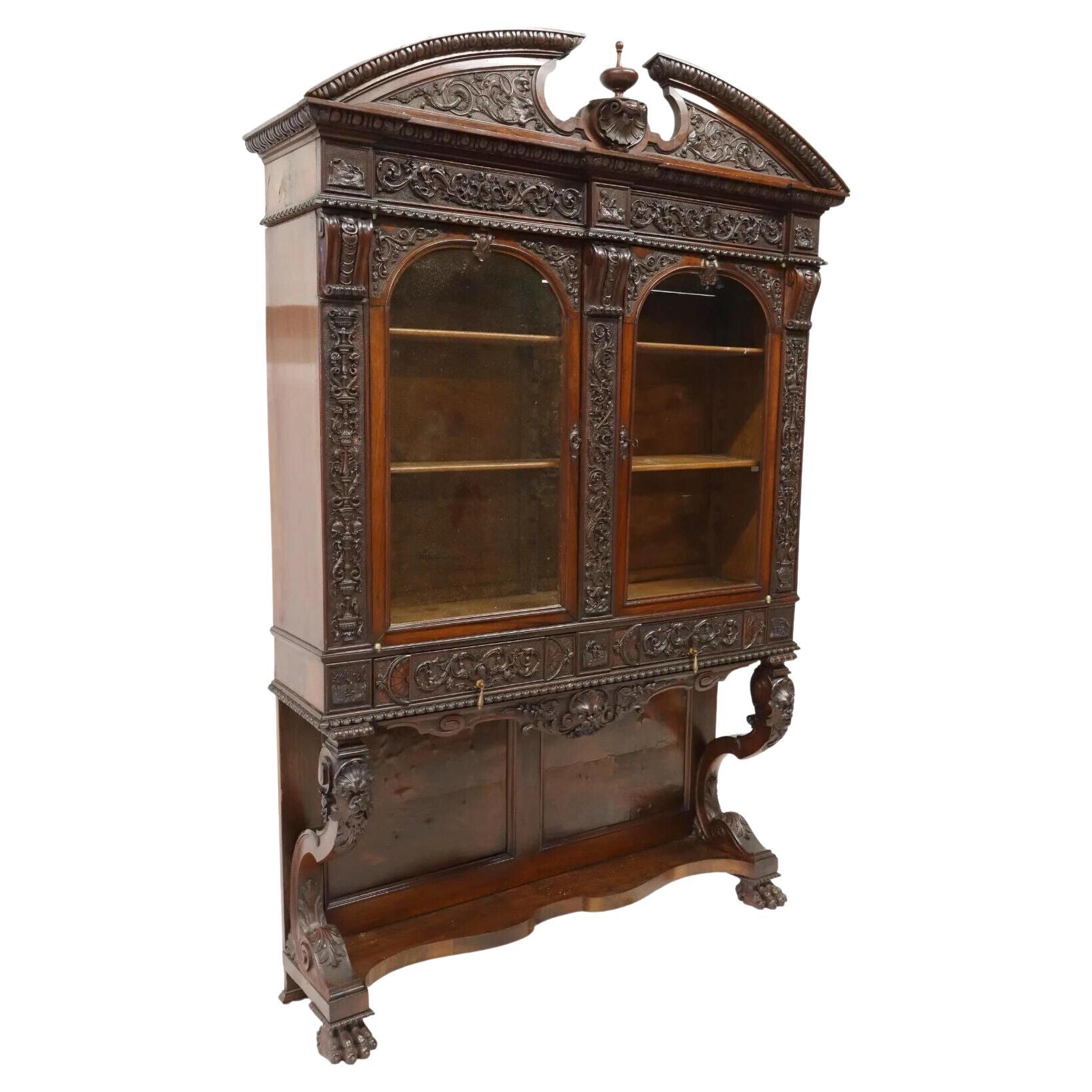 1800s Antique Renaissance Revival, Carved Display Cabinet / Vitrine For Sale