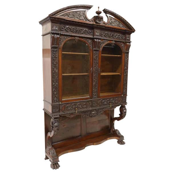 1800s Antique Renaissance Revival, Carved Display Cabinet / Vitrine For ...