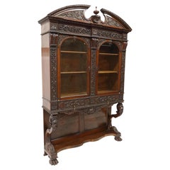 1800s Antique Renaissance Revival, Carved Display Cabinet / Vitrine
