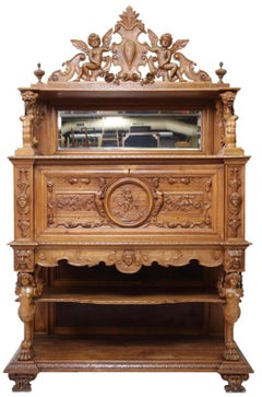 1800s Antique Renaissance Revival Carved Walnut, Figural, W/Crest Sideboard!!