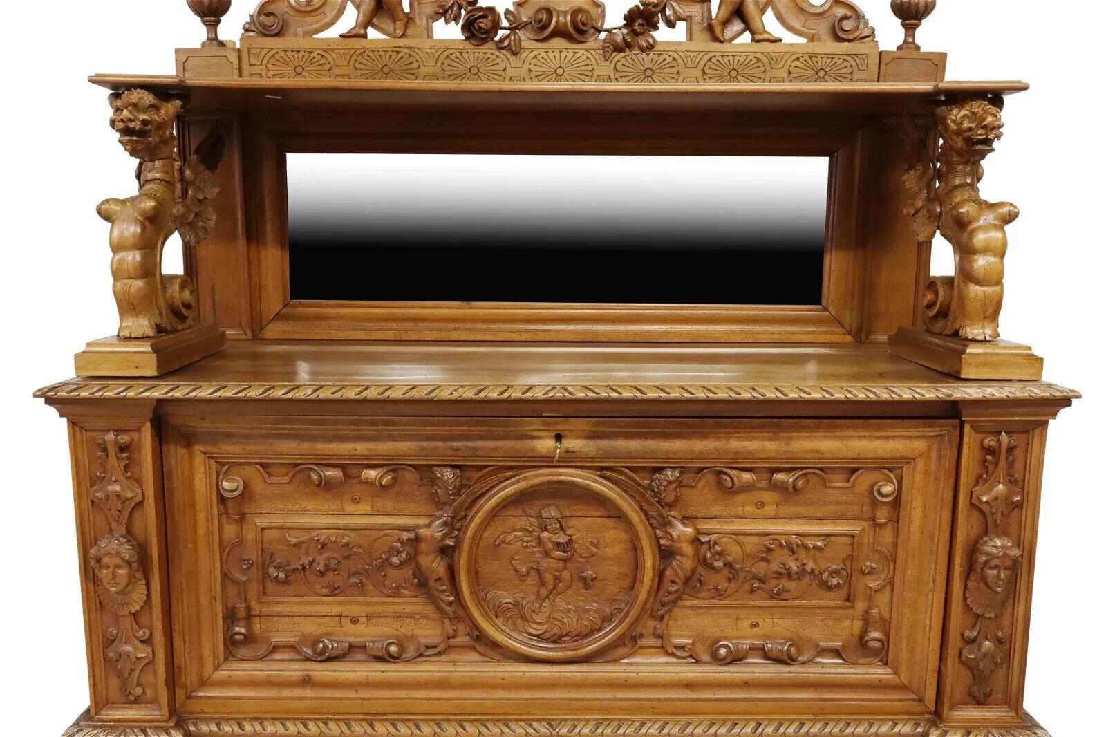 European 1800s Antique Renaissance Revival Carved Walnut, Figural, W/Crest Sideboard For Sale