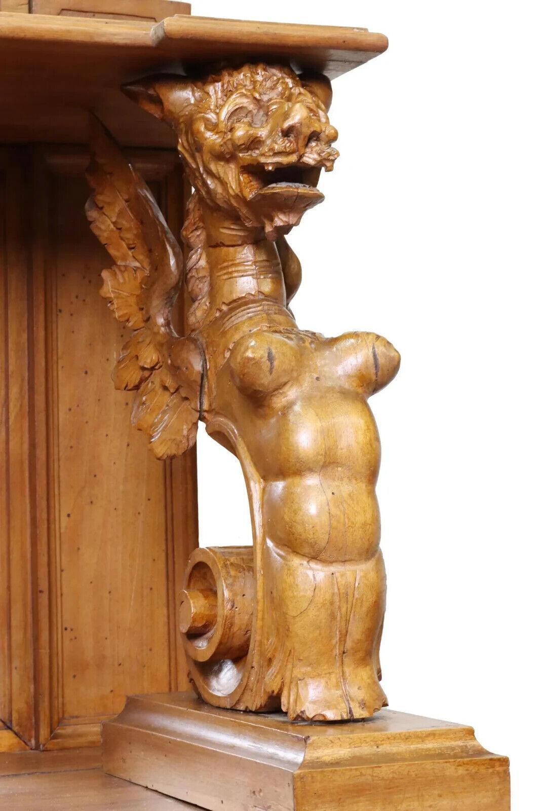 Wood 1800s Antique Renaissance Revival Carved Walnut, Figural, W/Crest Sideboard For Sale
