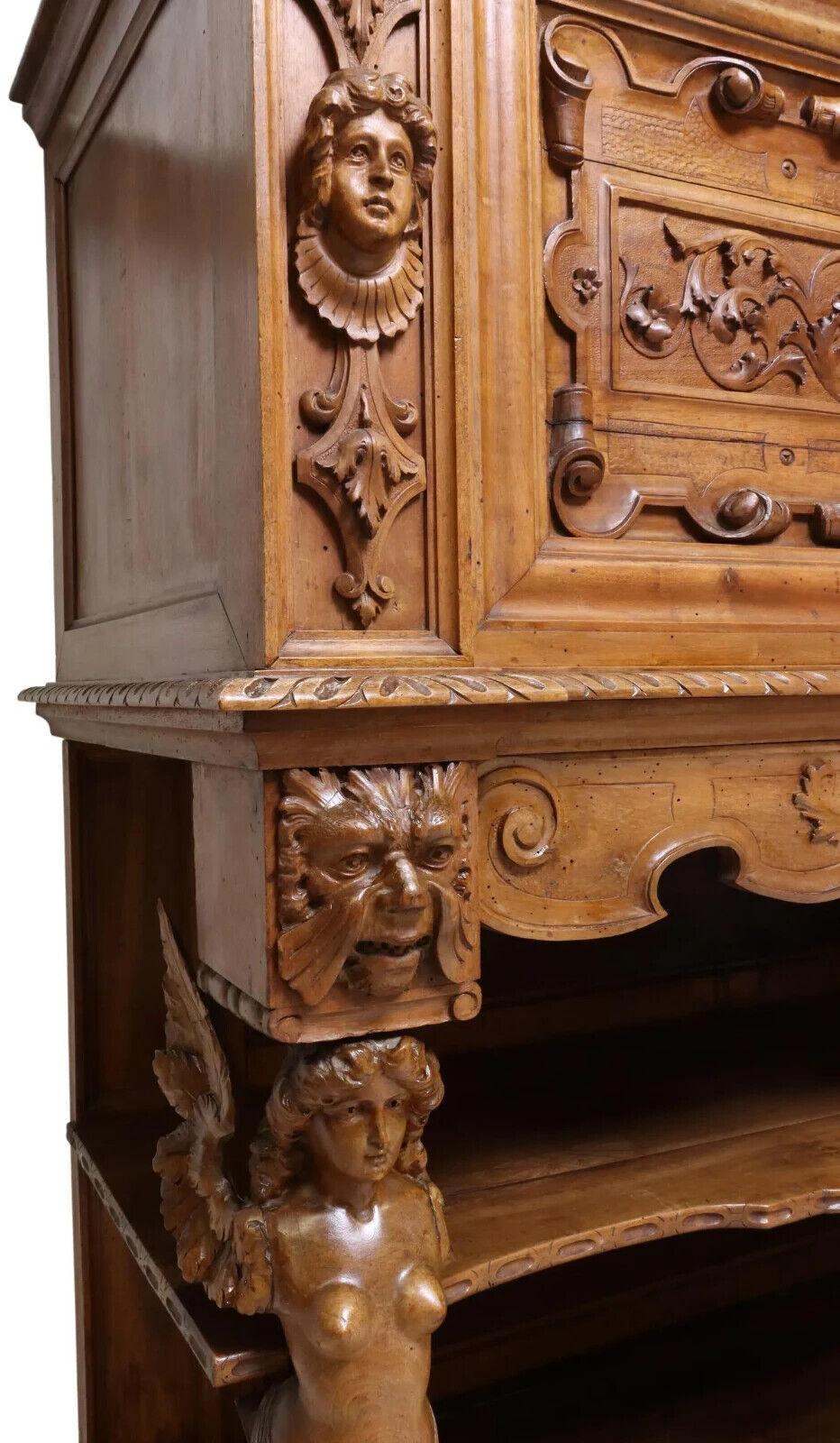 1800s Antique Renaissance Revival Carved Walnut, Figural, W/Crest Sideboard For Sale 1