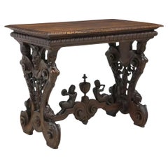 1800's Antiguo Renacimiento, Tallado, Nogal, Motivo Músico Mesa Escritorio