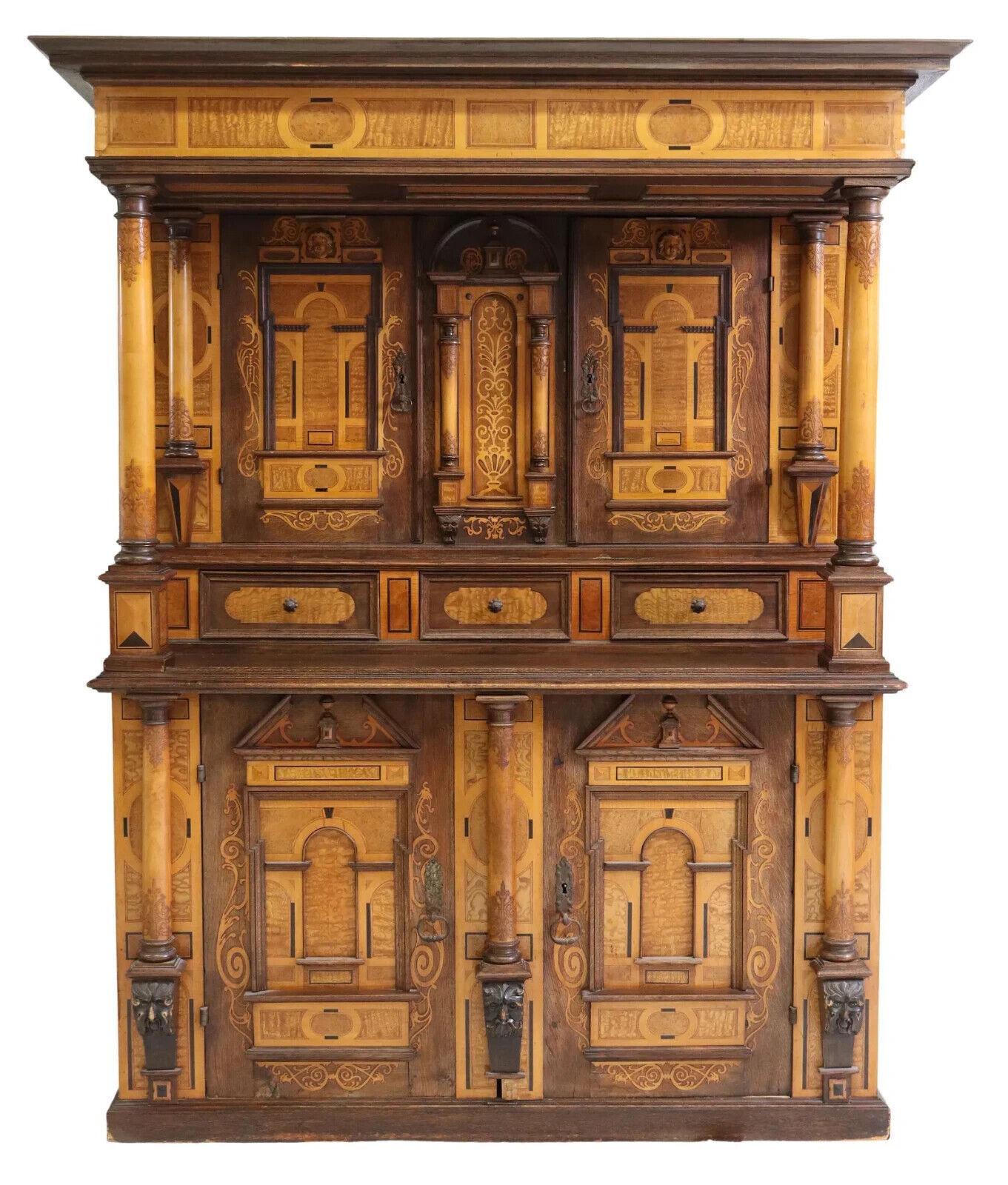 Handsome 1800s Antique Renaissance Revival, Inlaid Carved Oak, with Shelves, Cupboard!!

Antique Cupboard, Renaissance Revival, Inlaid Carved Oak, With Shelves and Drawers, 1800s, 19th century!! 
Continental Renaissance Revival inlaid carved oak