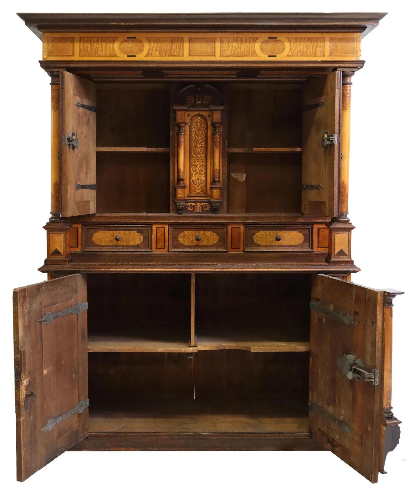 European 1800s Antique Renaissance Revival, Inlaid Carved Oak, with Shelves, Cupboard