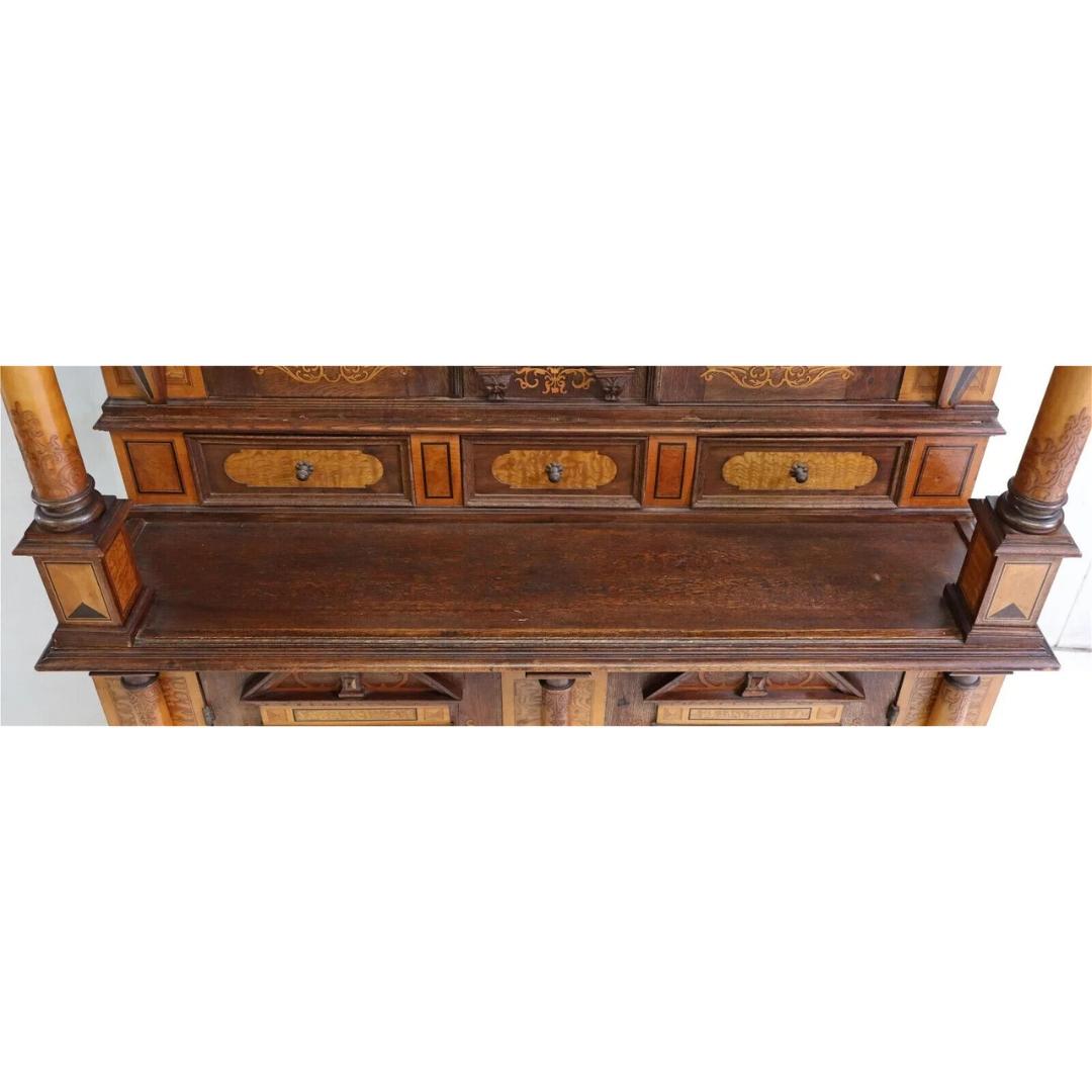 1800s Antique Renaissance Revival, Inlaid Carved Oak, with Shelves, Cupboard 1