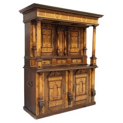 1800s Antique Renaissance Revival, Inlaid Carved Oak, with Shelves, Cupboard