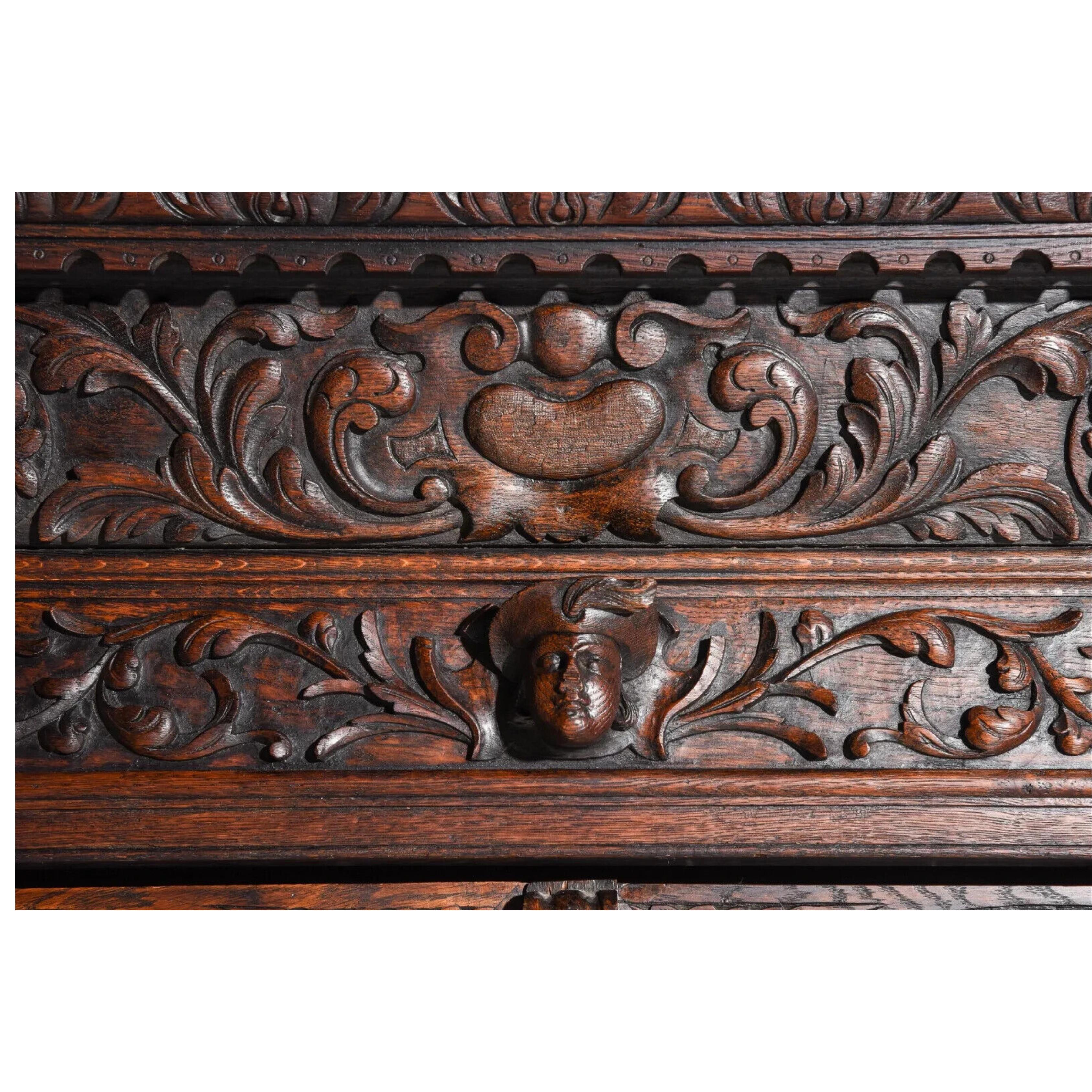 European 1800's Antique Renaissance Style, Carved Oak Display Cupboard / Bookcase For Sale