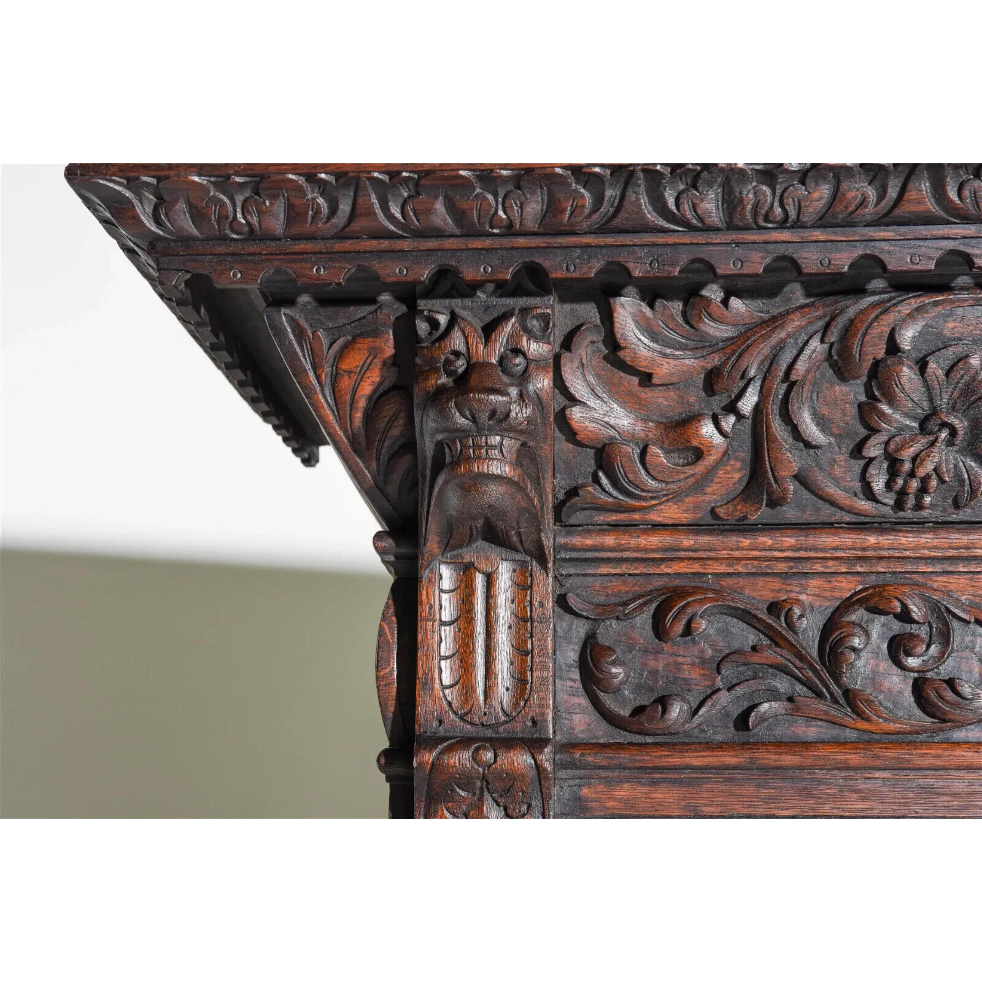 1800's Antique Renaissance Style, Carved Oak Display Cupboard / Bookcase In Good Condition For Sale In Austin, TX