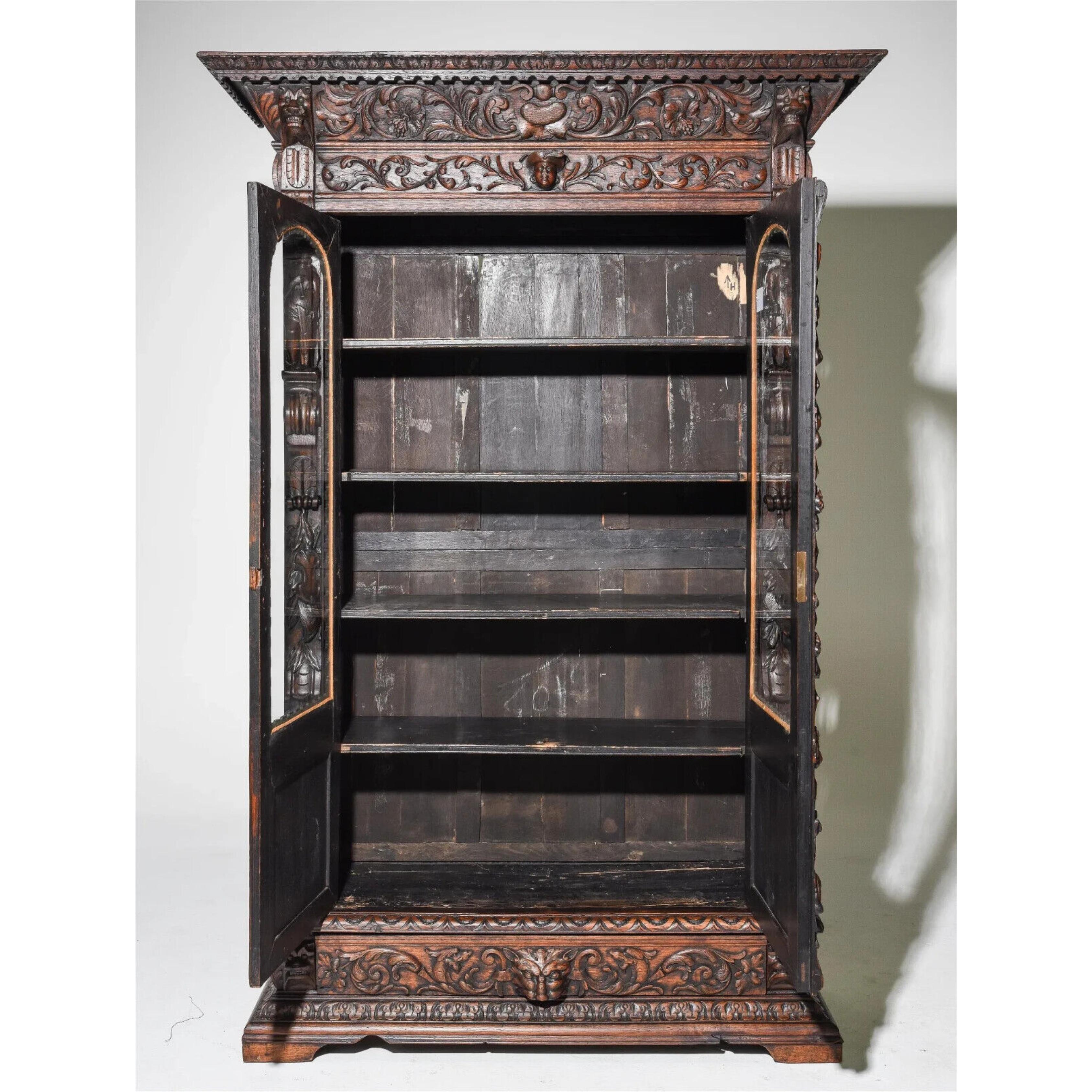 1800's Antique Renaissance Style, Carved Oak Display Cupboard / Bookcase For Sale 1
